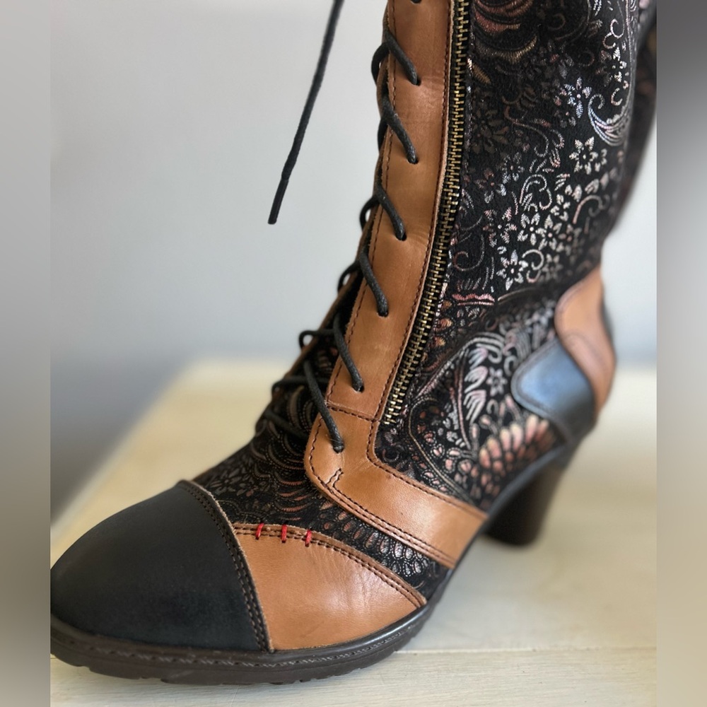 Super lady star boots, women’s size 37. Heeled, tan brown, leather, fabric print - Picture 4 of 9